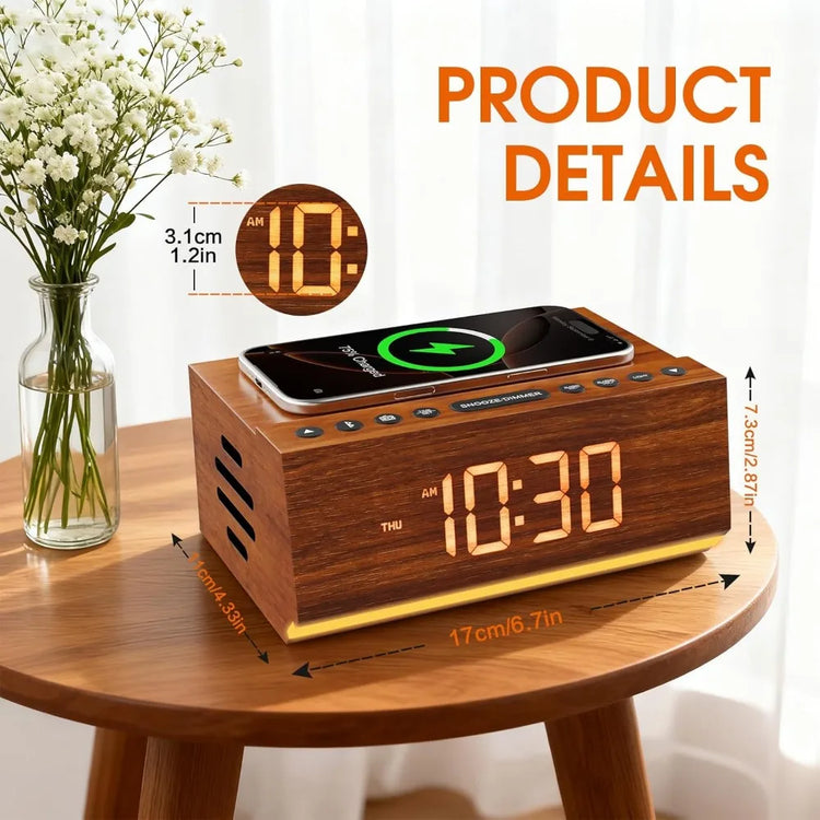 Wooden Digital Alarm Clock with Bluetooth Speaker - ElectronAge