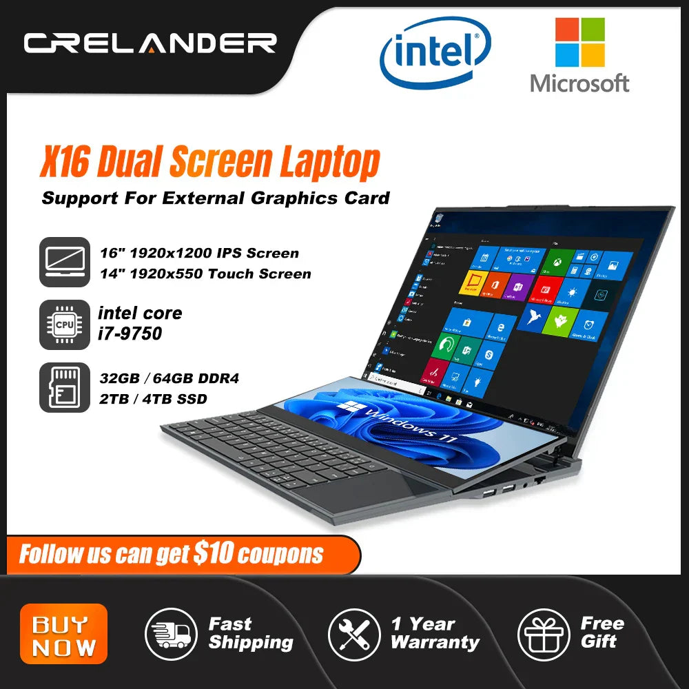Revolutionary Dual Screen Computing: The CRELANDER 16 Inch 2K + 14 Inch Touch Screen Laptop
