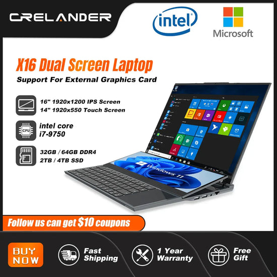 Revolutionary Dual Screen Computing: The CRELANDER 16 Inch 2K + 14 Inch Touch Screen Laptop