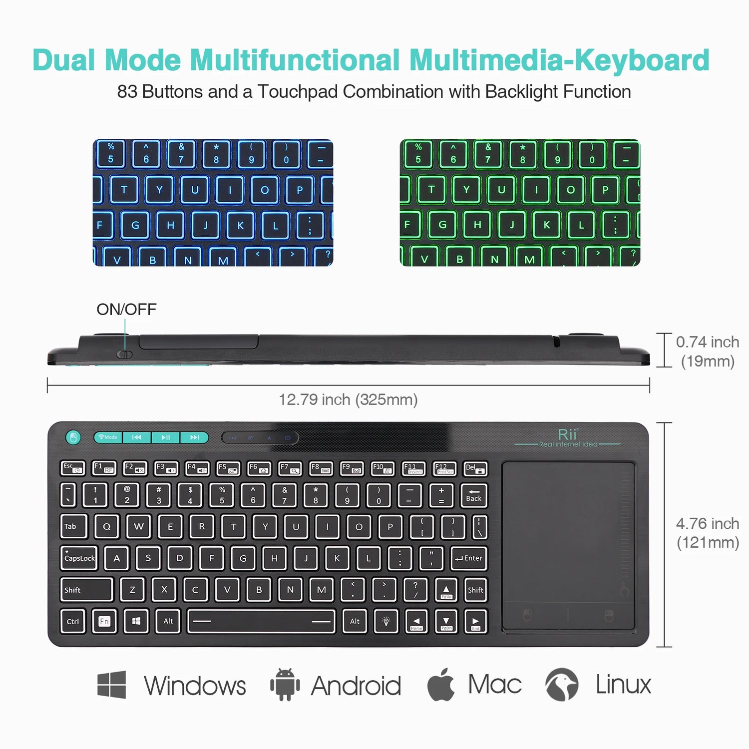 Rii RT518S Mini Bluetooth Wireless 2-LED Color Backlit Multimedia Keyboard - ElectronAge