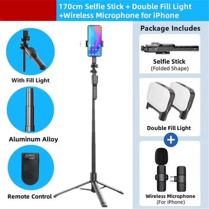 Roreta 1.7M wireless convenient remote control selfie tripod foldable stand with light smartphone stand for iPhone xiaomi