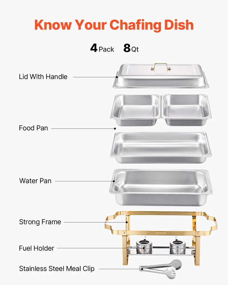 SucceBuy 8 Qt 4 Pack Chafing Dish Buffet Set Stainless Steel Chafer with 2 Full Size and 4 Half Size Pans Catering Warmer Server - ElectronAge