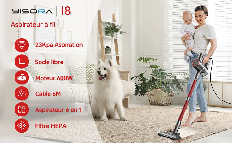 YISORA Corded Vacuum Cleaner, 600W 23KPa Stick Vacuum, Free-Stand 6 in 1 Handheld Vacuum Cleaner for Hard Floor Carpet - ElectronAge