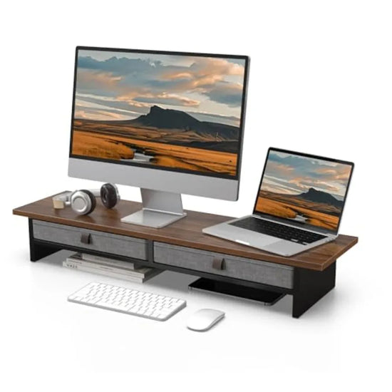Dual monitor stand with drawer for home and office