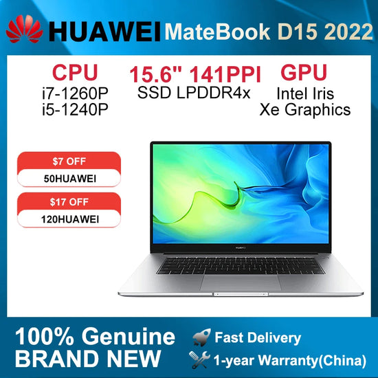 2022 HUAWEI MateBook D15 Netbook 15.6 Inch i5-1240P/i7-1260P 16GB 512GB Laptop Iris Xe Graphics Wifi 6 SSD LPDDR4X