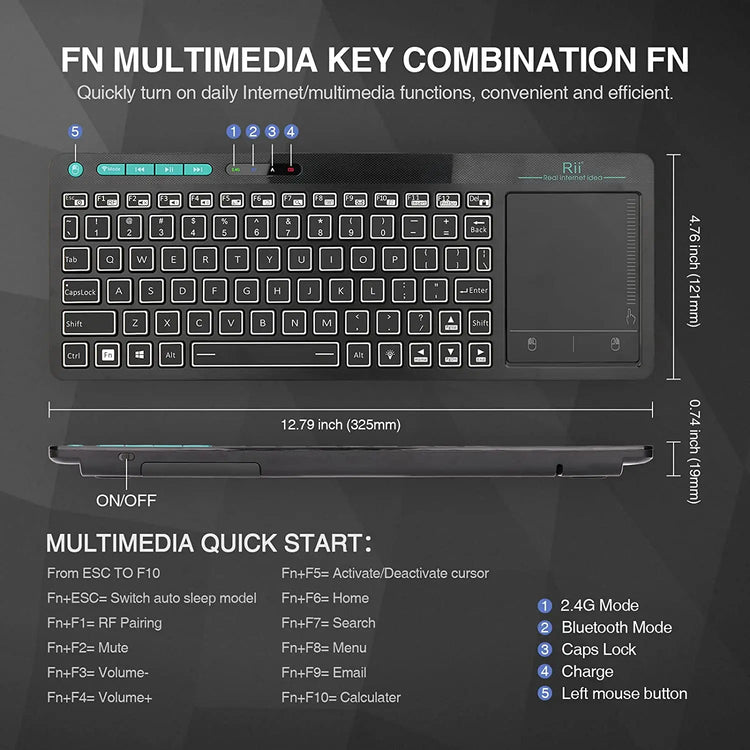 Rii RT518S Mini Bluetooth Wireless 2-LED Color Backlit Multimedia Keyboard - ElectronAge