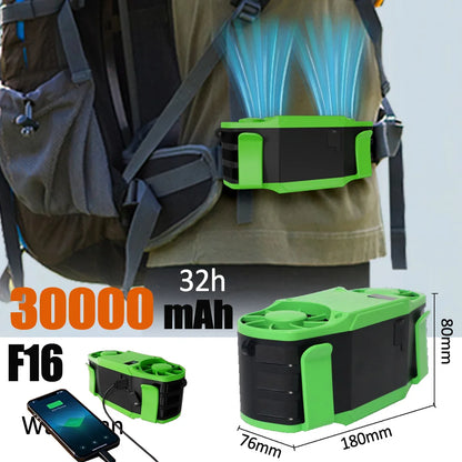30000mAh Portable Waist Fan Strong Daul Airflow 7Speeds 11000RPM Rechargeable Clip on Fan for Outdoor Camping Fishing Max 32H
