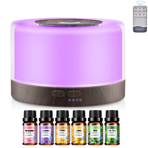 Stylish Wood Grain Diffuser Set - 16.91oz Cool Mist Humidifier with Remote, 7 LED Colors & 6 Essent