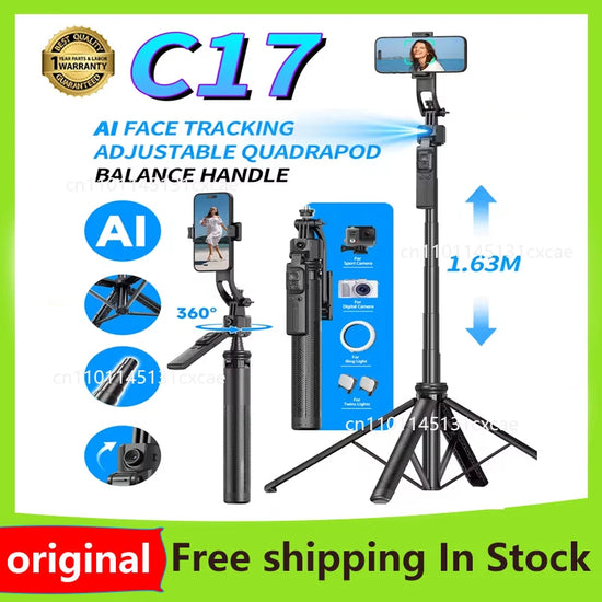 C17 Selfie Stick Tripod Phones Stand Mobile Phone AI Tracking 360°Auto-Rotation Shoot with Remote Control Optional Fill Light