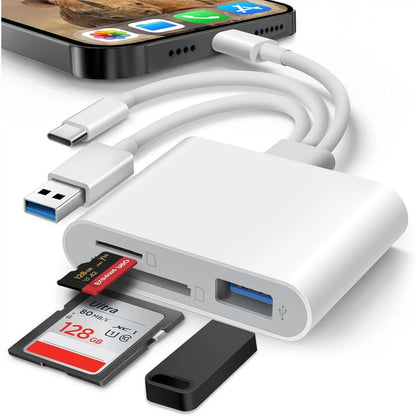 SD Card Reader for iPhone iPad Mac, 3 in 1 Lightning USB-C USB-A Memory Card Adapter, Support SD/MicroSD/USB OTG, Plug & Play