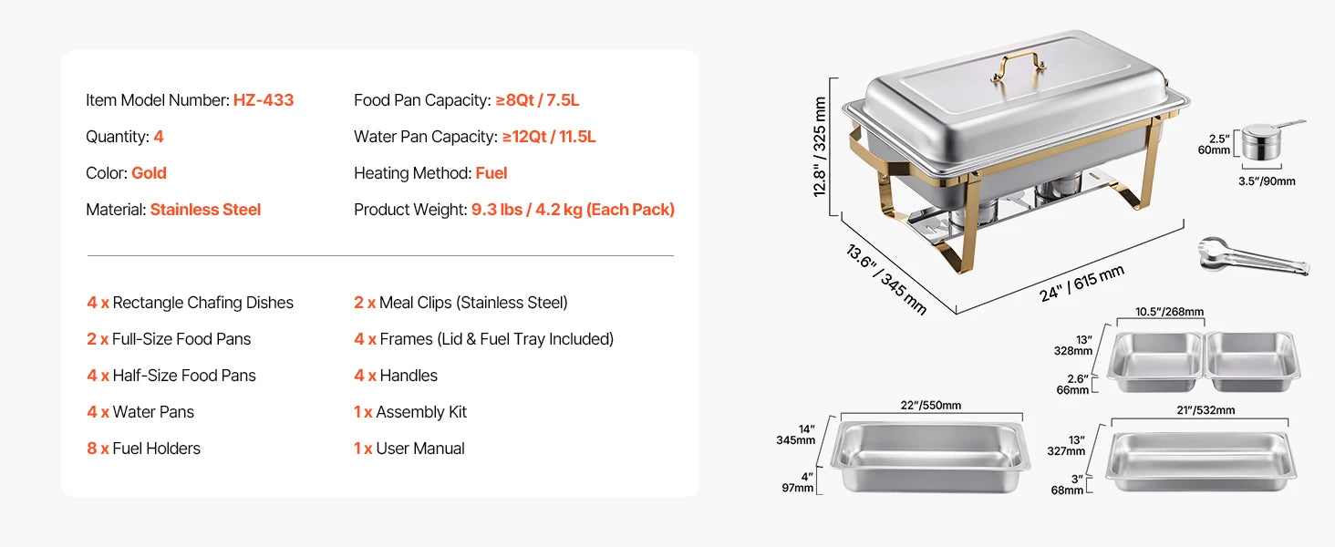 SucceBuy 8 Qt 4 Pack Chafing Dish Buffet Set Stainless Steel Chafer with 2 Full Size and 4 Half Size Pans Catering Warmer Server - ElectronAge