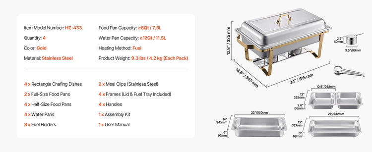 SucceBuy 8 Qt 4 Pack Chafing Dish Buffet Set Stainless Steel Chafer with 2 Full Size and 4 Half Size Pans Catering Warmer Server - ElectronAge