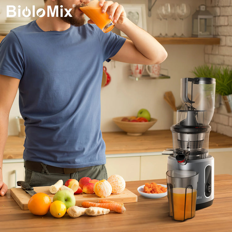 BioloMix Cold Press Juicer with 75mm Feed Chute, 200W 40-65RPM Powerful Motor Slow Masticating Juice Extractor Fits Whole Fruits - ElectronAge