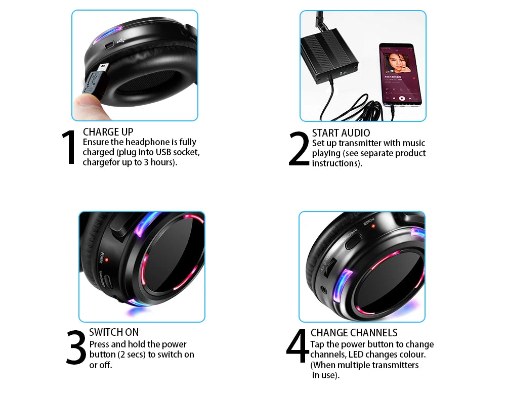 UHF RF Silent Disco Headphones Wireless DJ Headset - ElectronAge