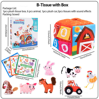 Soft Plush Baby Tissue Box Toys Animals Farm with Sound Montessori Toys Early Education Sensory Toy Boy Girl Infant Newborn Gift