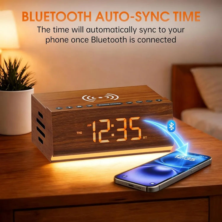 Wooden Digital Alarm Clock with Bluetooth Speaker - ElectronAge