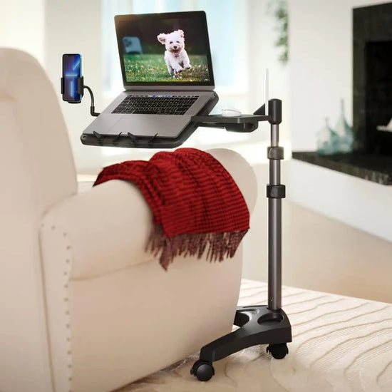 Adjustable Rolling Laptop Stand with Mouse Tray and Phone Holder
