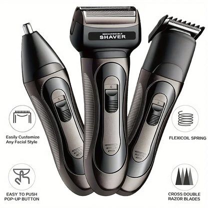 3-in-1 Multifunctional Shaver With Detachable Nose Hair Remover Washable USB Rechargeable Professional Electric Haircut Shaver
