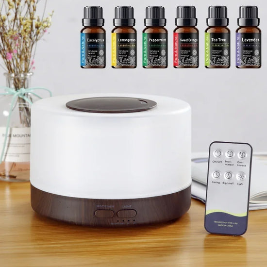 7-Color Wood Grain Diffuser 500ml | Essential Oil Humidifier with Remote Control, Auto Shut-Off &  6 Aromatherapy Oils