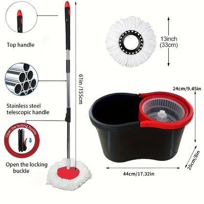 360° Spin Mop Bucket with Soap Dispenser and 2 Microfiber Heads, Stainless Steel Handle Floor Cleaning System for Home Use