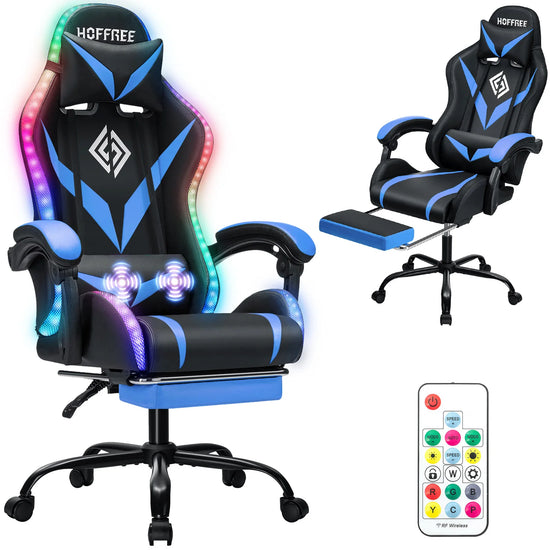 350LBS Gaming Chair with LED RGB Lights Massage Video Gamer Chairs with Footrest Ergonomic High Back Reclining Computer Chair