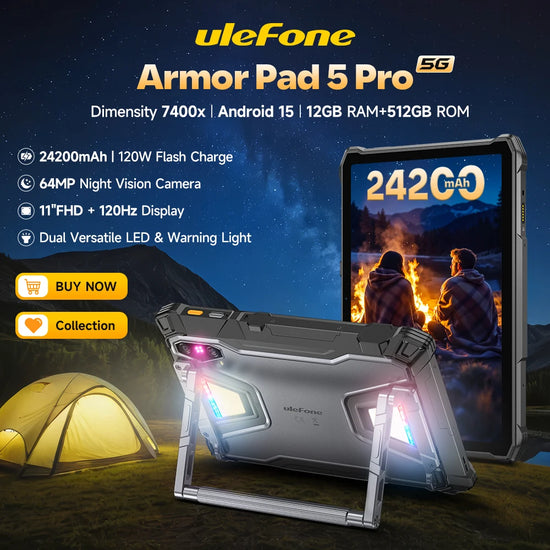 【2025 New】Ulefone Armor Pad 5 Pro 5G Rugged Tablet 24200mAh 120W Flash Charging Dimensity 7400x 512GB ROM Android 15 64MP NFC