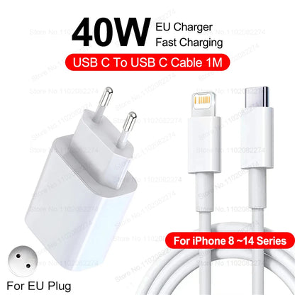 40W PD Fast Charging USB C Charger For iPhone 16 15 14 8 7 Plus 13 12 11 Pro XS Max XR XS X USB Type C Charger Cable Accessories