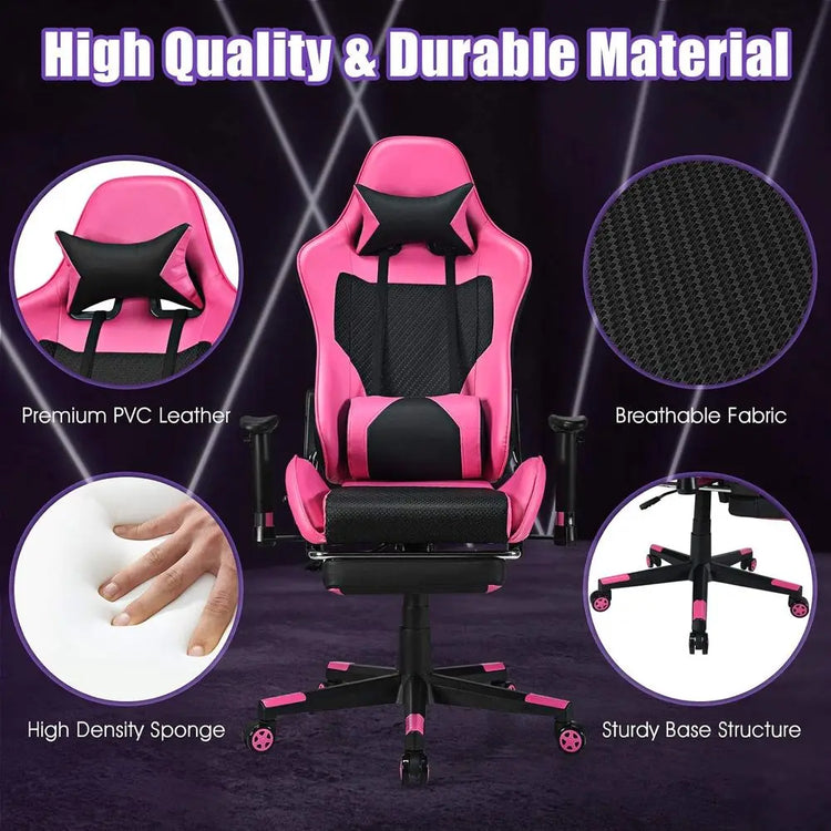 Pink Ergonomic Gaming Chair with Footrest - ElectronAge