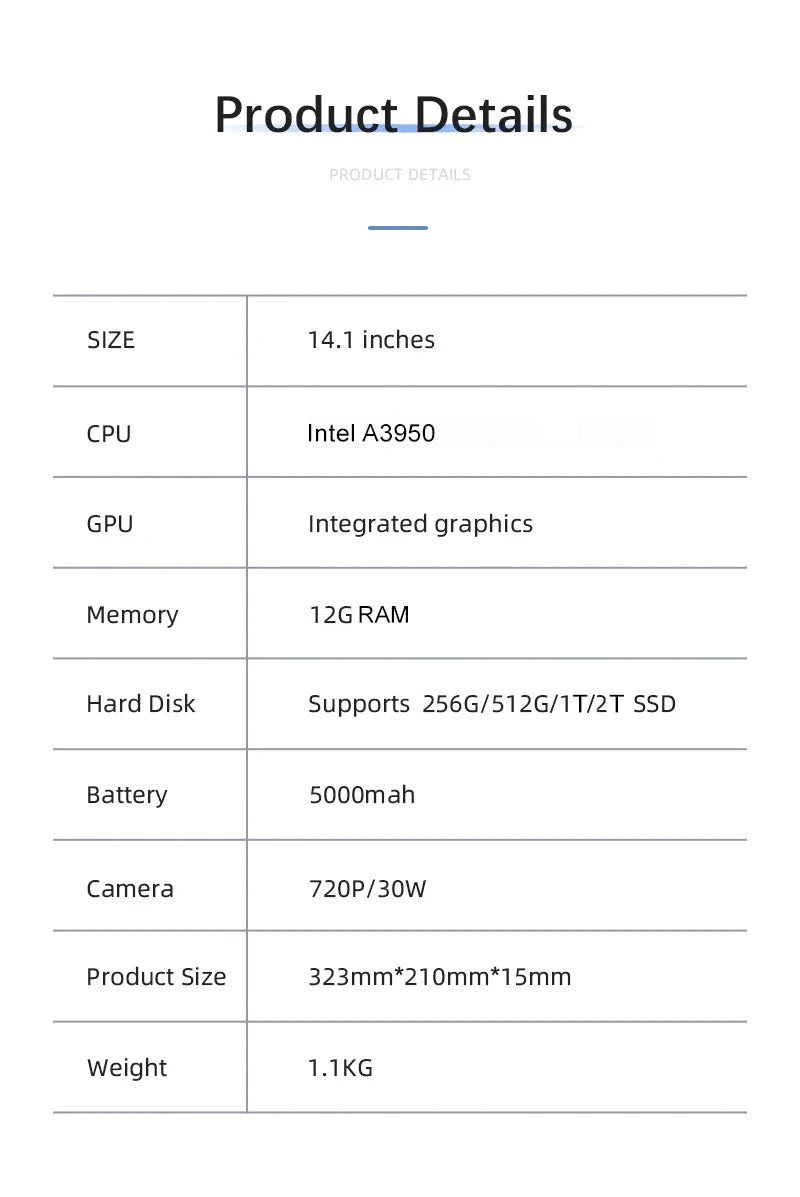2026 14.1 Inch Notebook Computer Intel A3950 Ultra Slim Laptop - ElectronAge