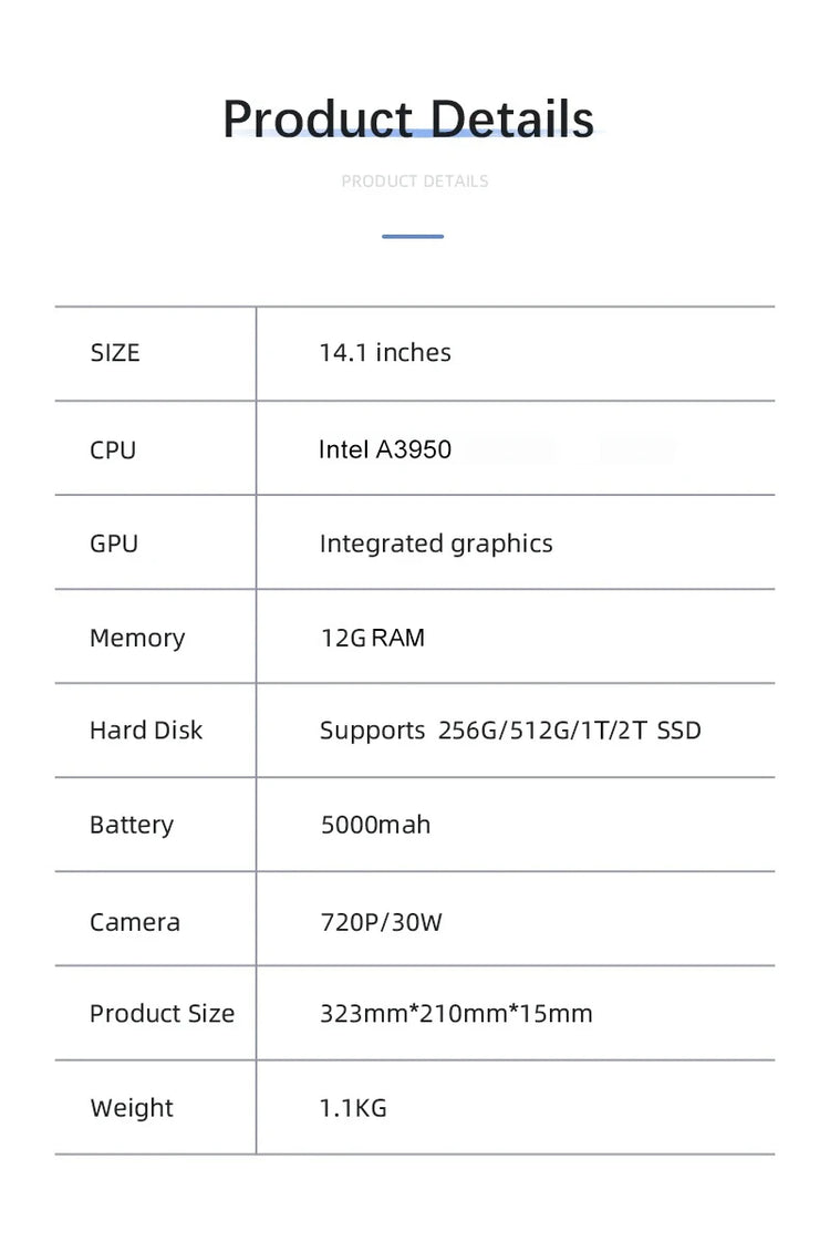 2026 14.1 Inch Notebook Computer Intel A3950 Ultra Slim Laptop - ElectronAge