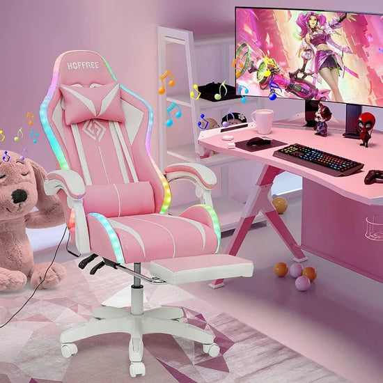 Pink Gaming Chair with Speakers and Led Lights - ElectronAge