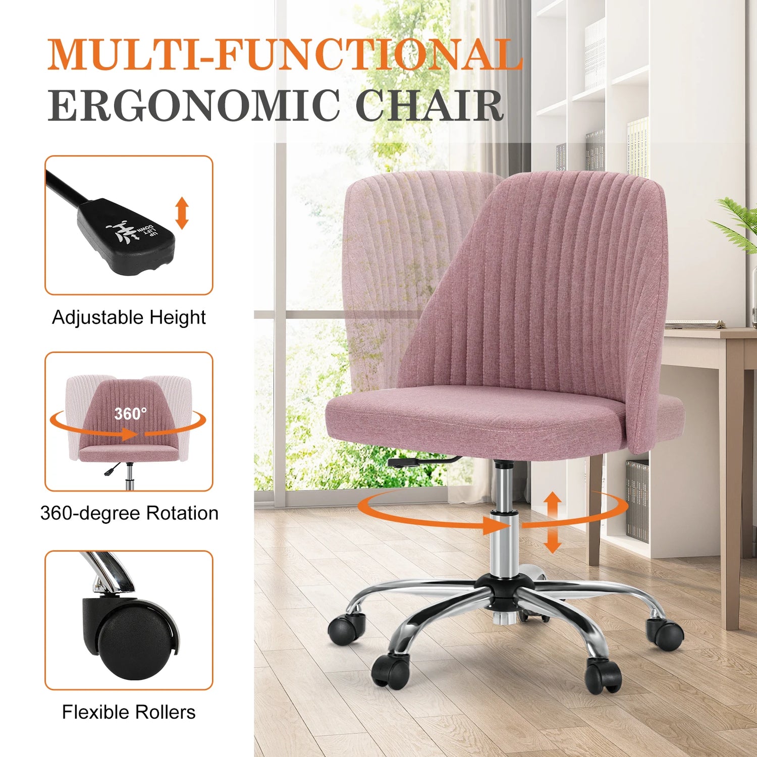MCQ Armless Ergonomic Fabric Office Chair with 360° Swivel - ElectronAge