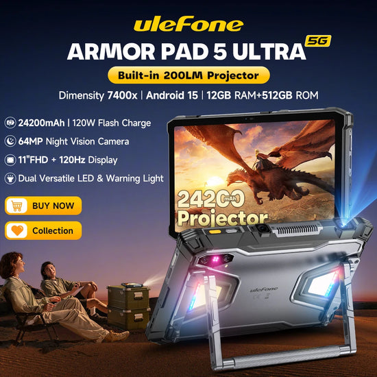 【2025 New】Ulefone Armor Pad 5 Ultra 5G Rugged Tablet Projector 24200mAh 120W Flash Charge Dimensity 7400x 12GB RAM 512GB ROM