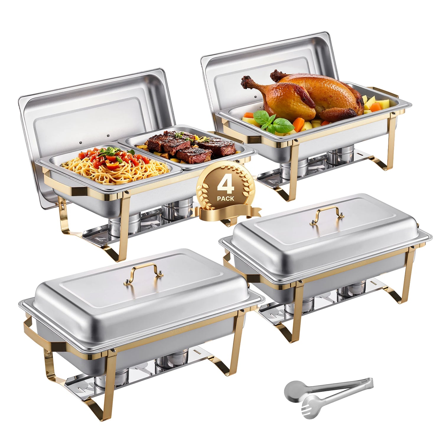 SucceBuy 8 Qt 4 Pack Chafing Dish Buffet Set Stainless Steel Chafer with 2 Full Size and 4 Half Size Pans Catering Warmer Server - ElectronAge