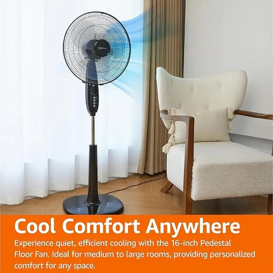 Basics 16-Inch Pedestal Fan with Remote Control Adjustable Height Dual-Layered Blades 3 Speed Settings for