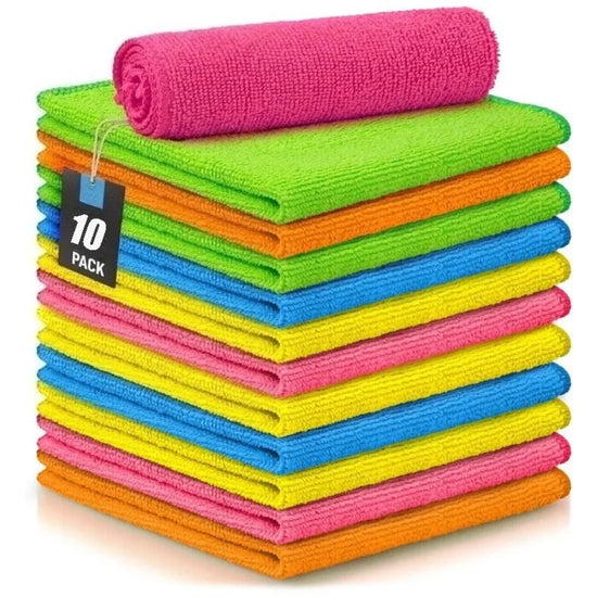 10-Pack Microfiber Cleaning Cloths, Highly Absorbent & Lint-Free for Kitchen Car Glass, Reusable & Machine Washable, Streak-Free