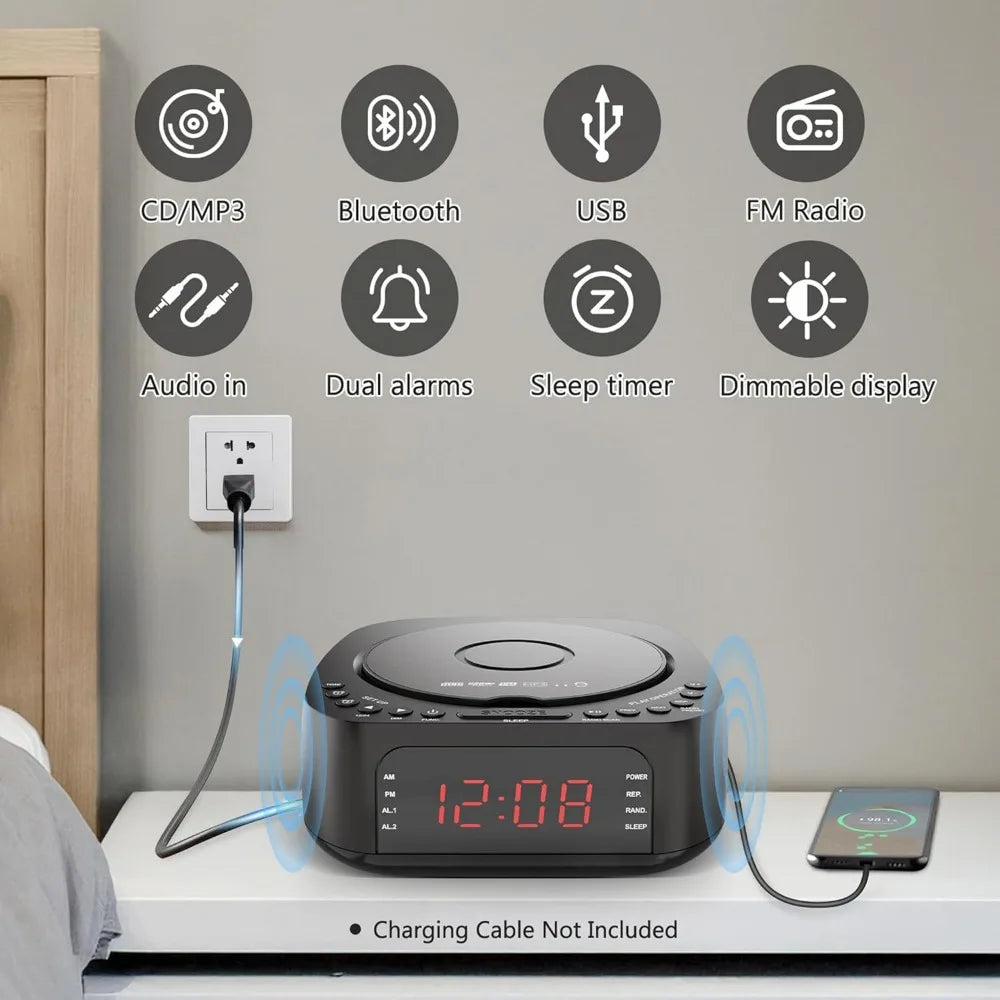 CD Alarm Clock Radio with Remote MP3 Bluetooth - ElectronAge