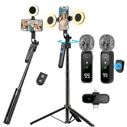 Vlogging Kit for iPhone/Android 70 Auto Face Tracking Tripod 360 Rotation with Light Wireless Microphones Selfie Stick Tripod f