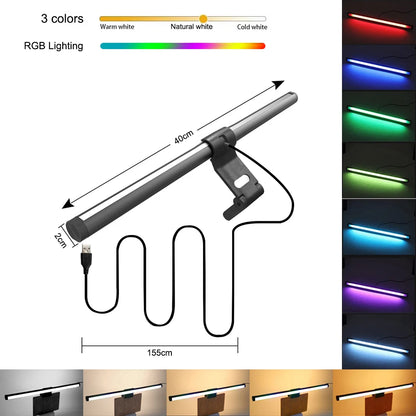 40CM RGB Atmosphere Table Lamp Computer Screen Hanging Lights for Work Study Read Gaming Stepless Dimmable Monitor Light Bar LED