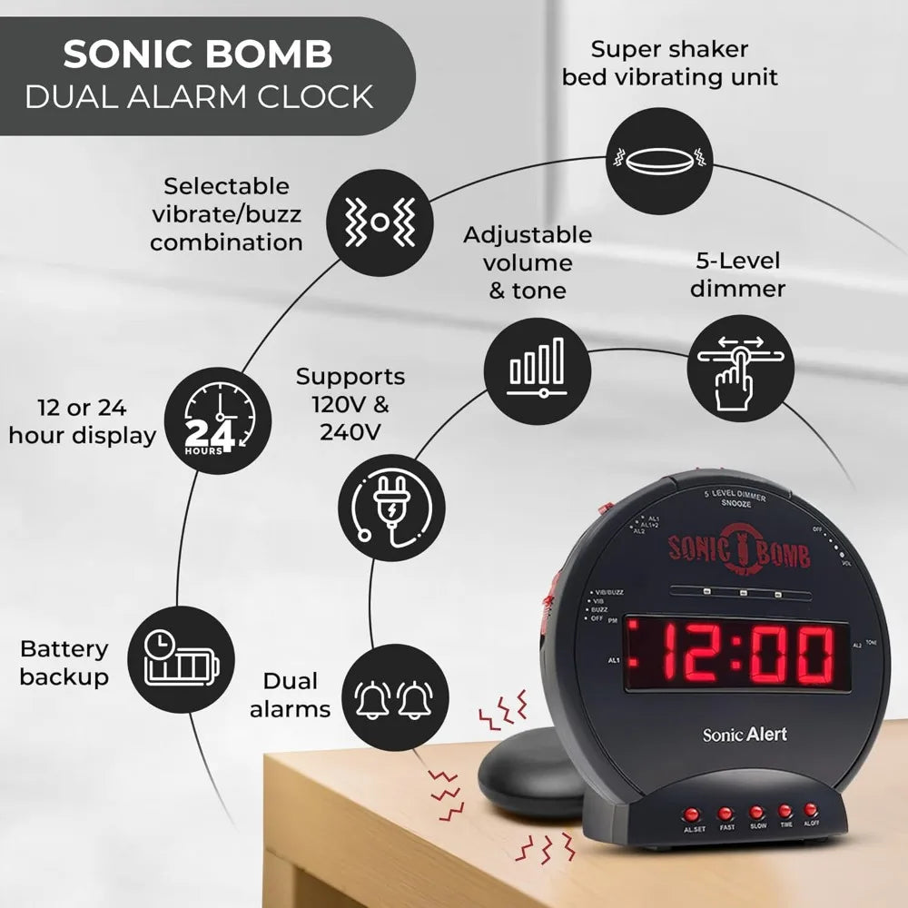 Dual Extra Loud Alarm Clock with Bed Shaker - ElectronAge