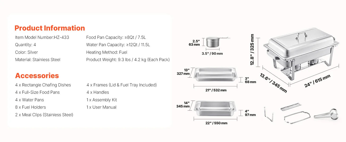 SucceBuy 8 Qt 4 Pack Chafing Dish Buffet Set Stainless Steel Chafer with 2 Full Size and 4 Half Size Pans Catering Warmer Server - ElectronAge