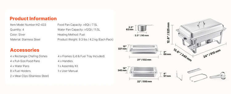 SucceBuy 8 Qt 4 Pack Chafing Dish Buffet Set Stainless Steel Chafer with 2 Full Size and 4 Half Size Pans Catering Warmer Server - ElectronAge