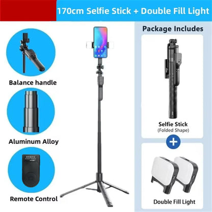 Roreta 1.7M wireless convenient remote control selfie tripod foldable stand with light smartphone stand for iPhone xiaomi