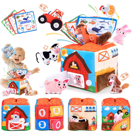 Soft Plush Baby Tissue Box Toys Animals Farm with Sound Montessori Toys Early Education Sensory Toy Boy Girl Infant Newborn Gift