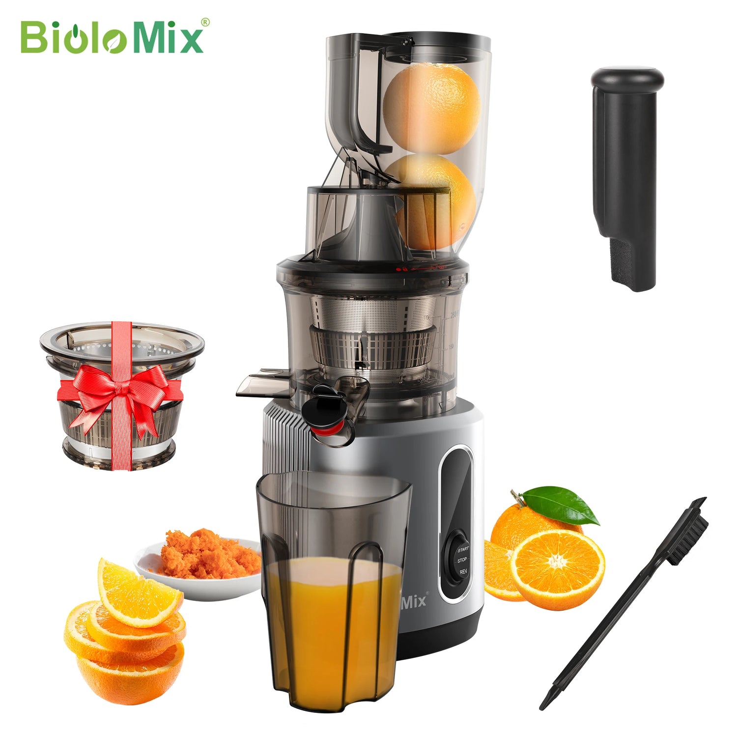 BioloMix Cold Press Juicer with 75mm Feed Chute, 200W 40-65RPM Powerful Motor Slow Masticating Juice Extractor Fits Whole Fruits - ElectronAge