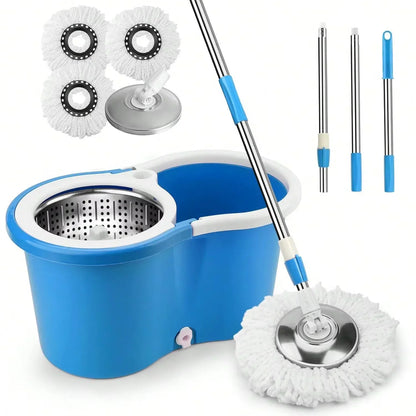 360° Spin Mop Bucket with Soap Dispenser and 2 Microfiber Heads, Stainless Steel Handle Floor Cleaning System for Home Use