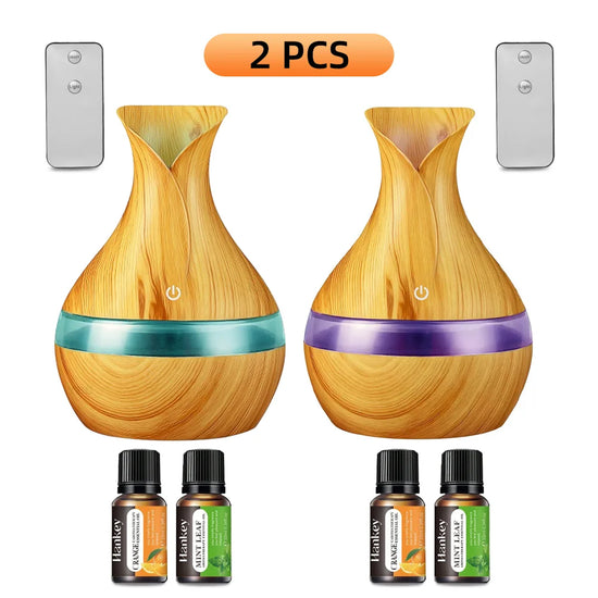 2-piece humidifier diffuser with remote ultra quiet aromatherapy, 7-color night light, and 4 bottles of essential oils