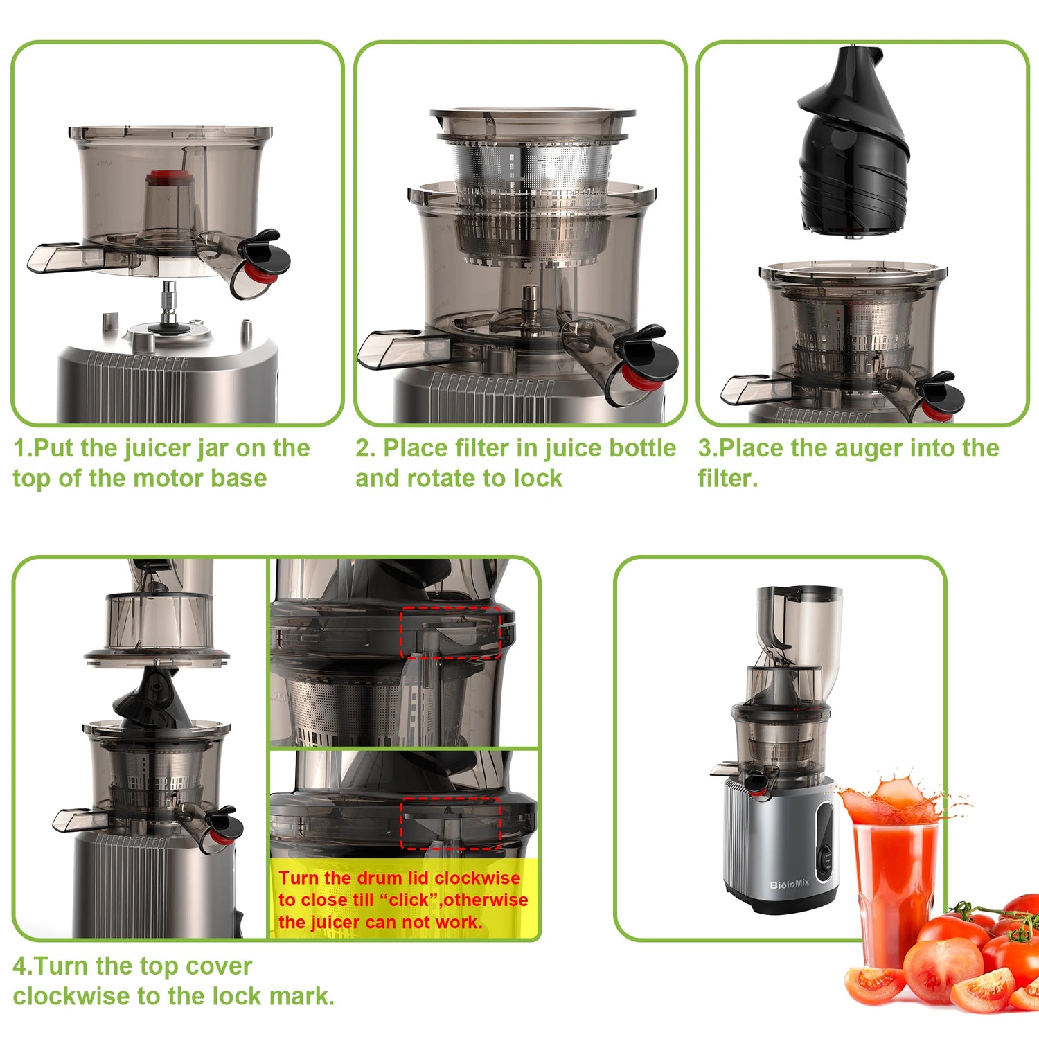 BioloMix Cold Press Juicer with 75mm Feed Chute, 200W 40-65RPM Powerful Motor Slow Masticating Juice Extractor Fits Whole Fruits - ElectronAge
