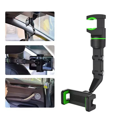 Car Rearview Mirror Phone Holder 360° Rotatable and Retractable Car Phone Mount Multifunctional Rear View Mirror Holder