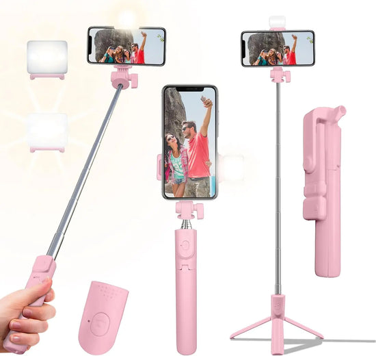 40in Retractable Selfie Stick Tripod with Wireless Remote & Light, Portable for All Phones